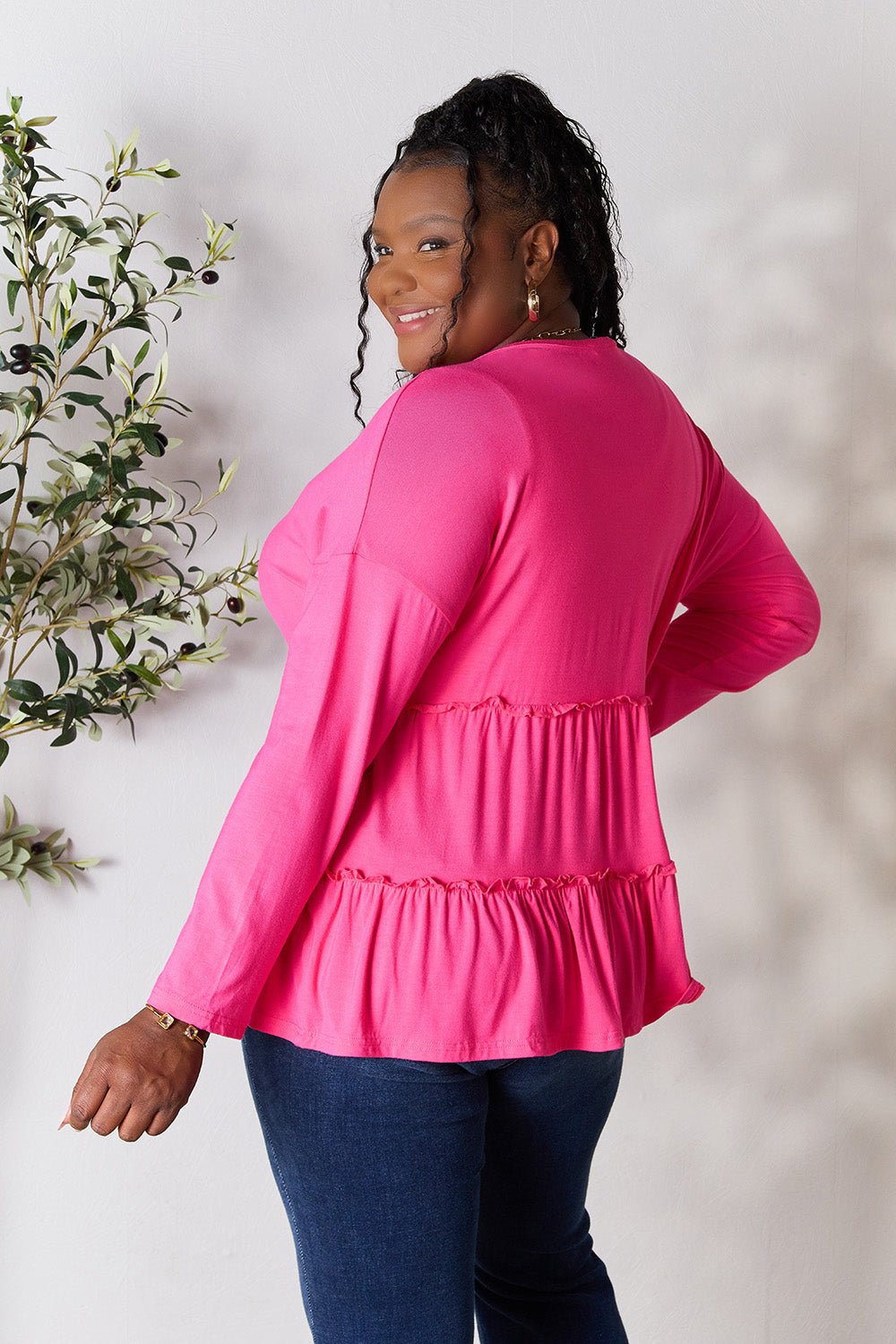 Double Take Half Button Long Sleeve Ruffle Hem Blouse - Bella Blue Styles