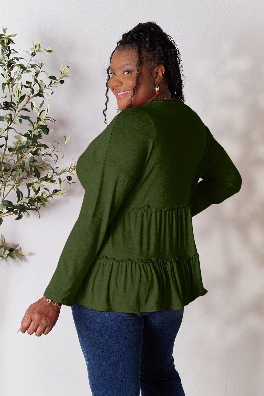 Double Take Half Button Long Sleeve Ruffle Hem Blouse - Bella Blue Styles