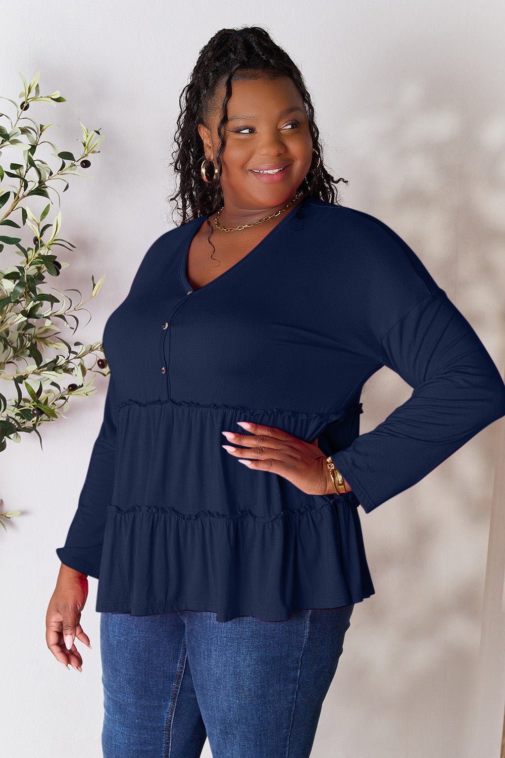 Double Take Half Button Long Sleeve Ruffle Hem Blouse - Bella Blue Styles