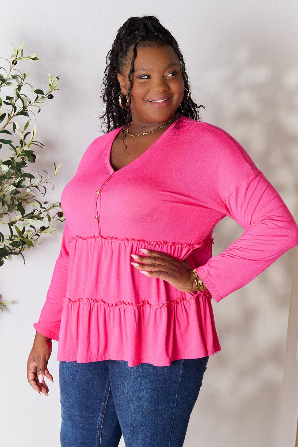 Double Take Half Button Long Sleeve Ruffle Hem Blouse - Bella Blue Styles
