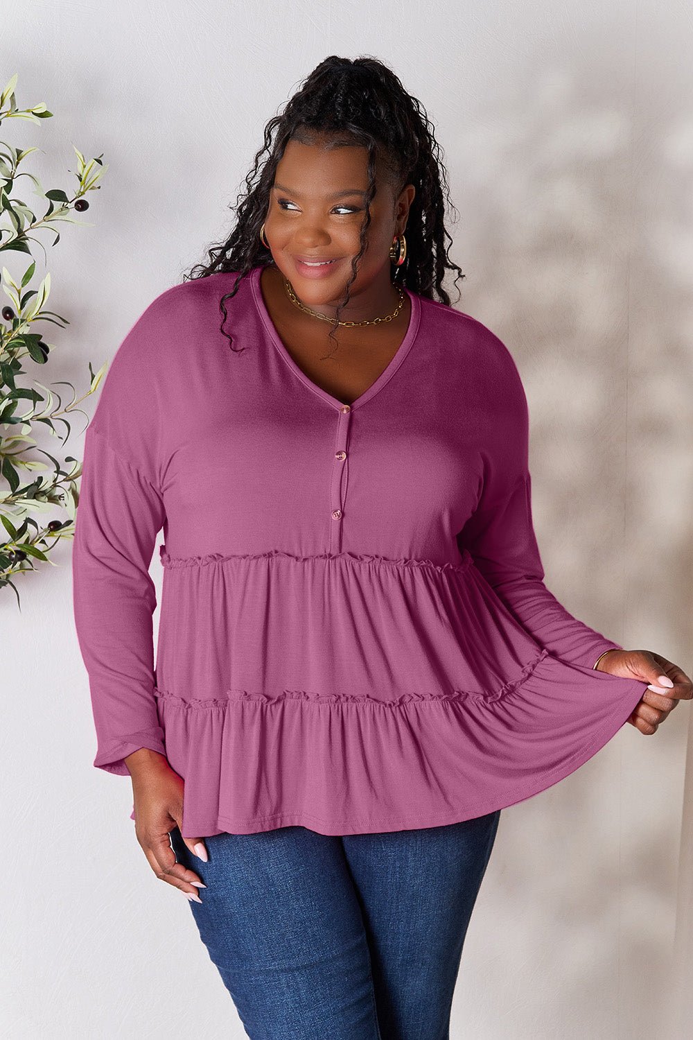 Double Take Half Button Long Sleeve Ruffle Hem Blouse - Bella Blue Styles