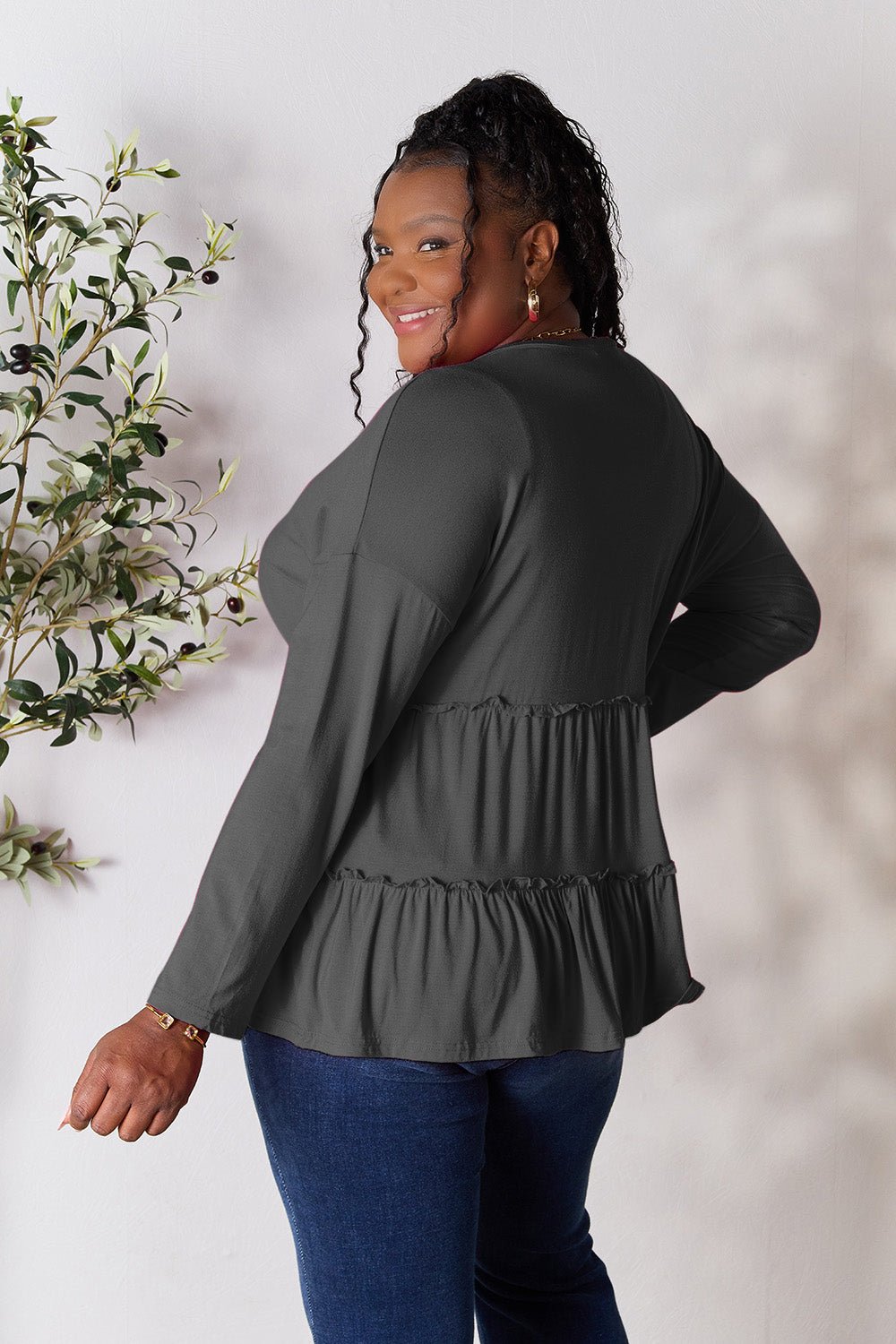 Double Take Half Button Long Sleeve Ruffle Hem Blouse - Bella Blue Styles