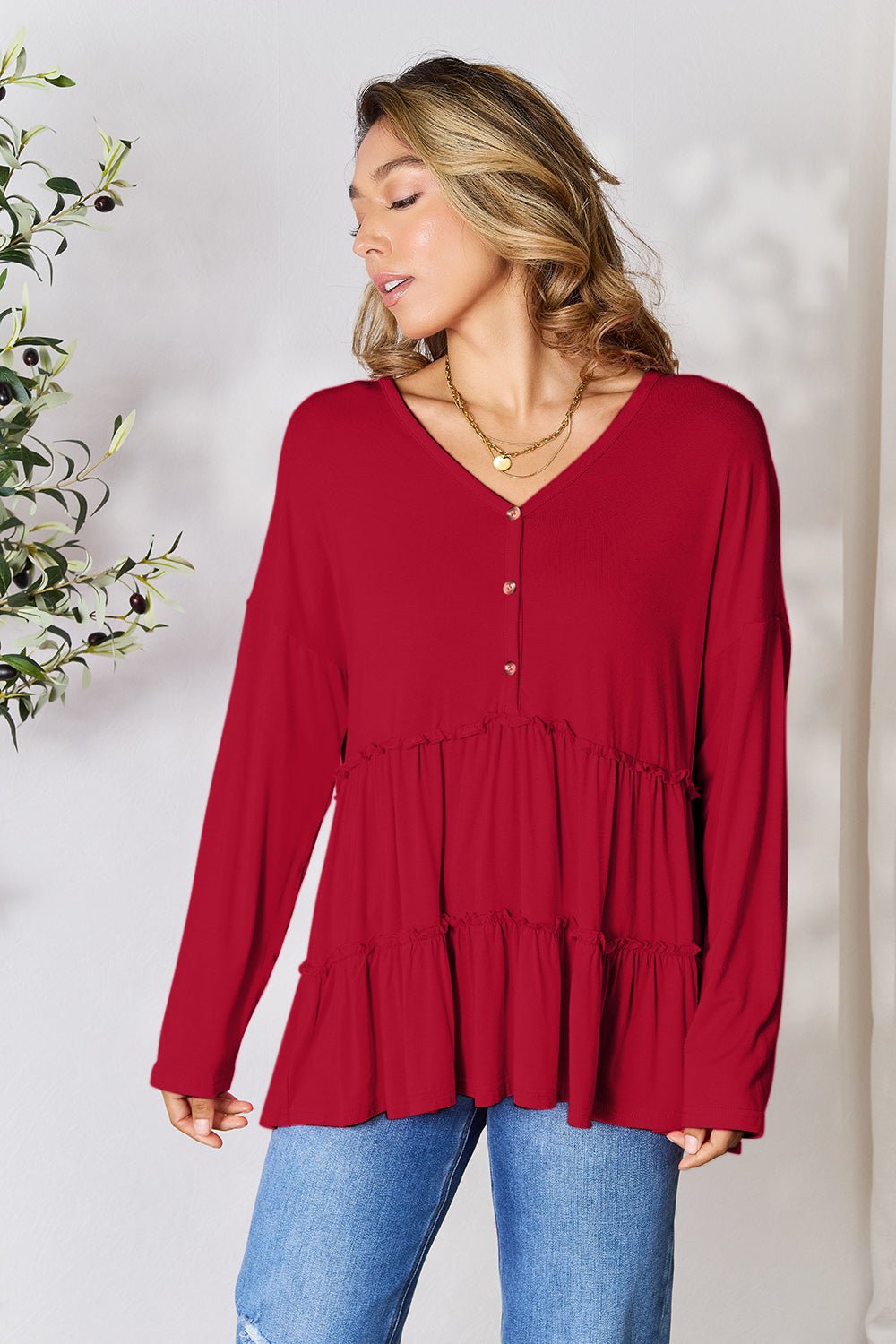 Double Take Half Button Long Sleeve Ruffle Hem Blouse - Bella Blue Styles