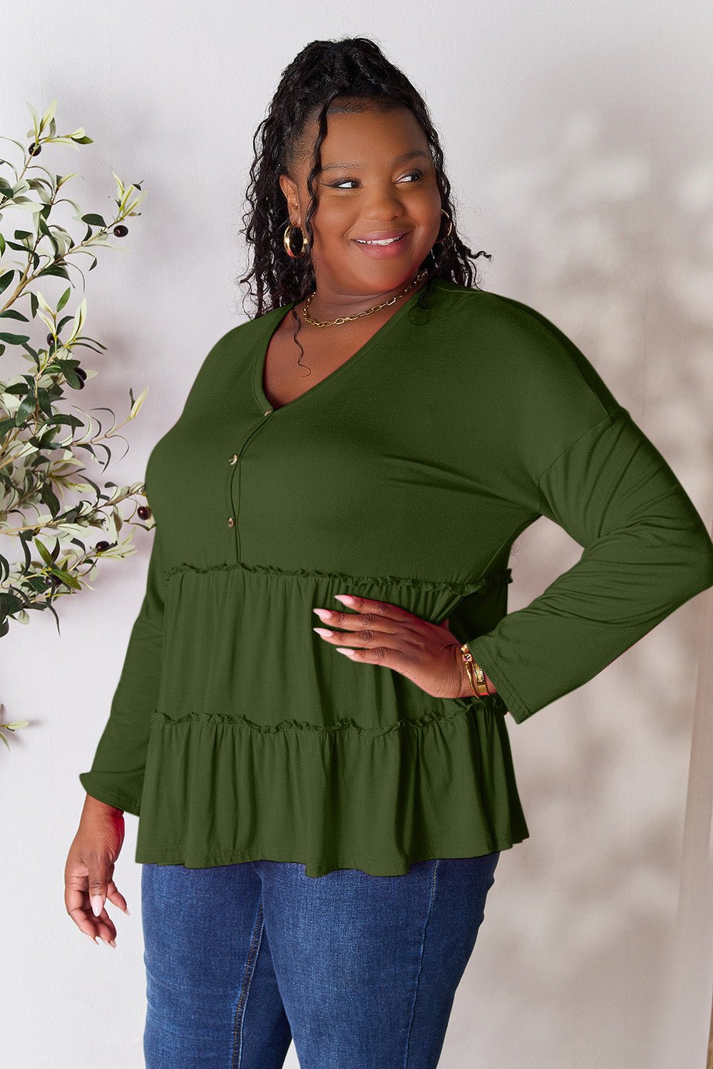Double Take Half Button Long Sleeve Ruffle Hem Blouse - Bella Blue Styles