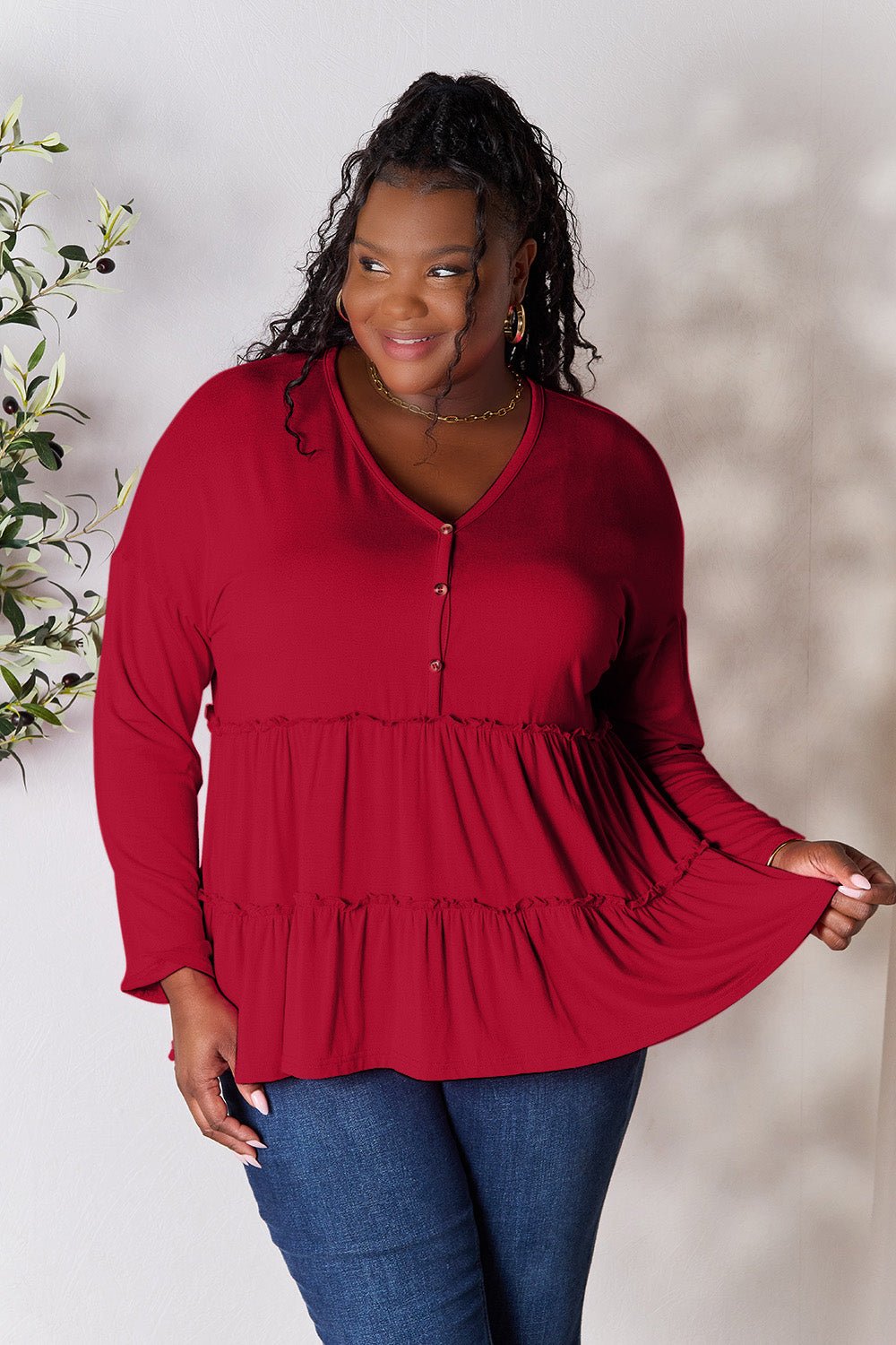 Double Take Half Button Long Sleeve Ruffle Hem Blouse - Bella Blue Styles