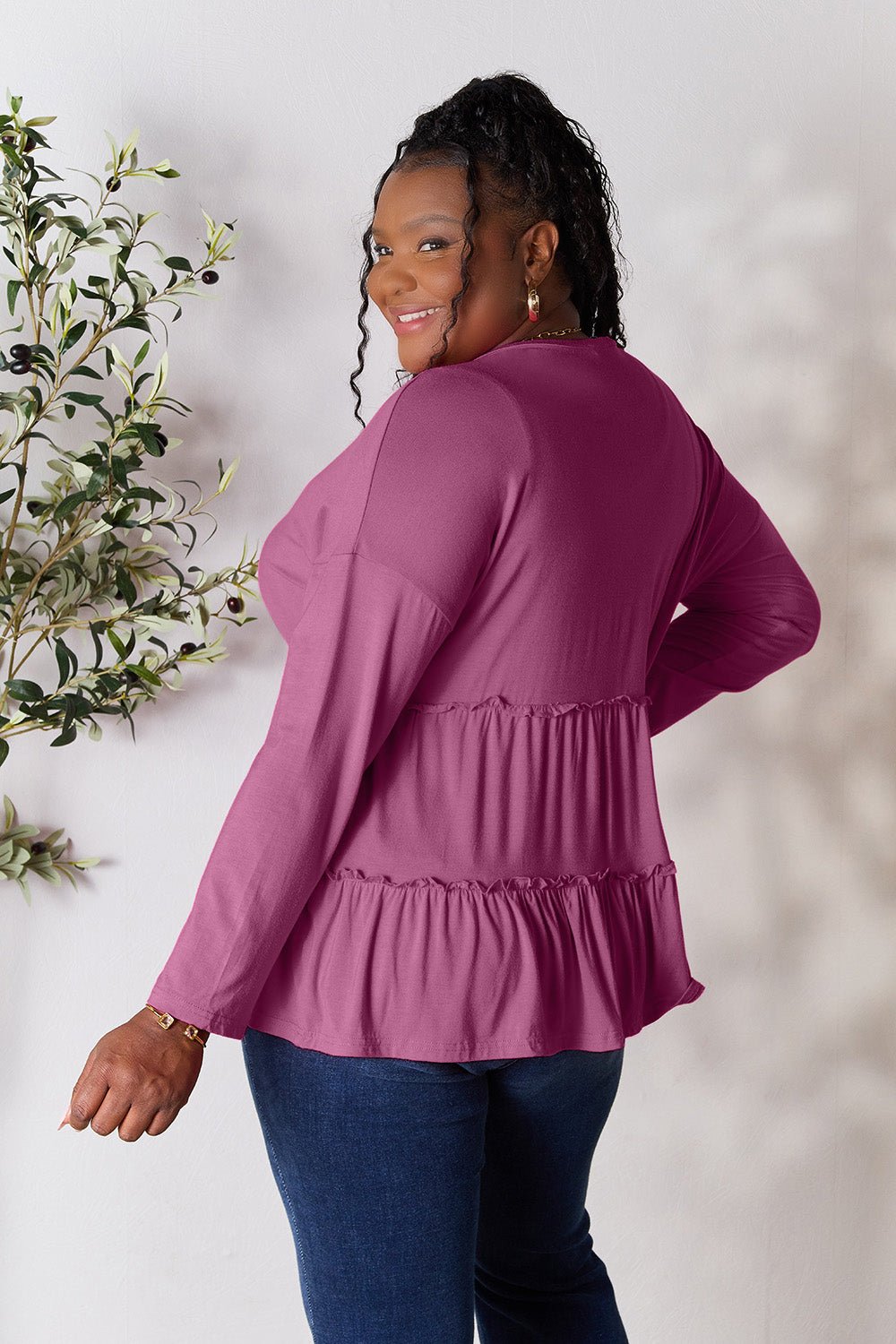 Double Take Half Button Long Sleeve Ruffle Hem Blouse - Bella Blue Styles