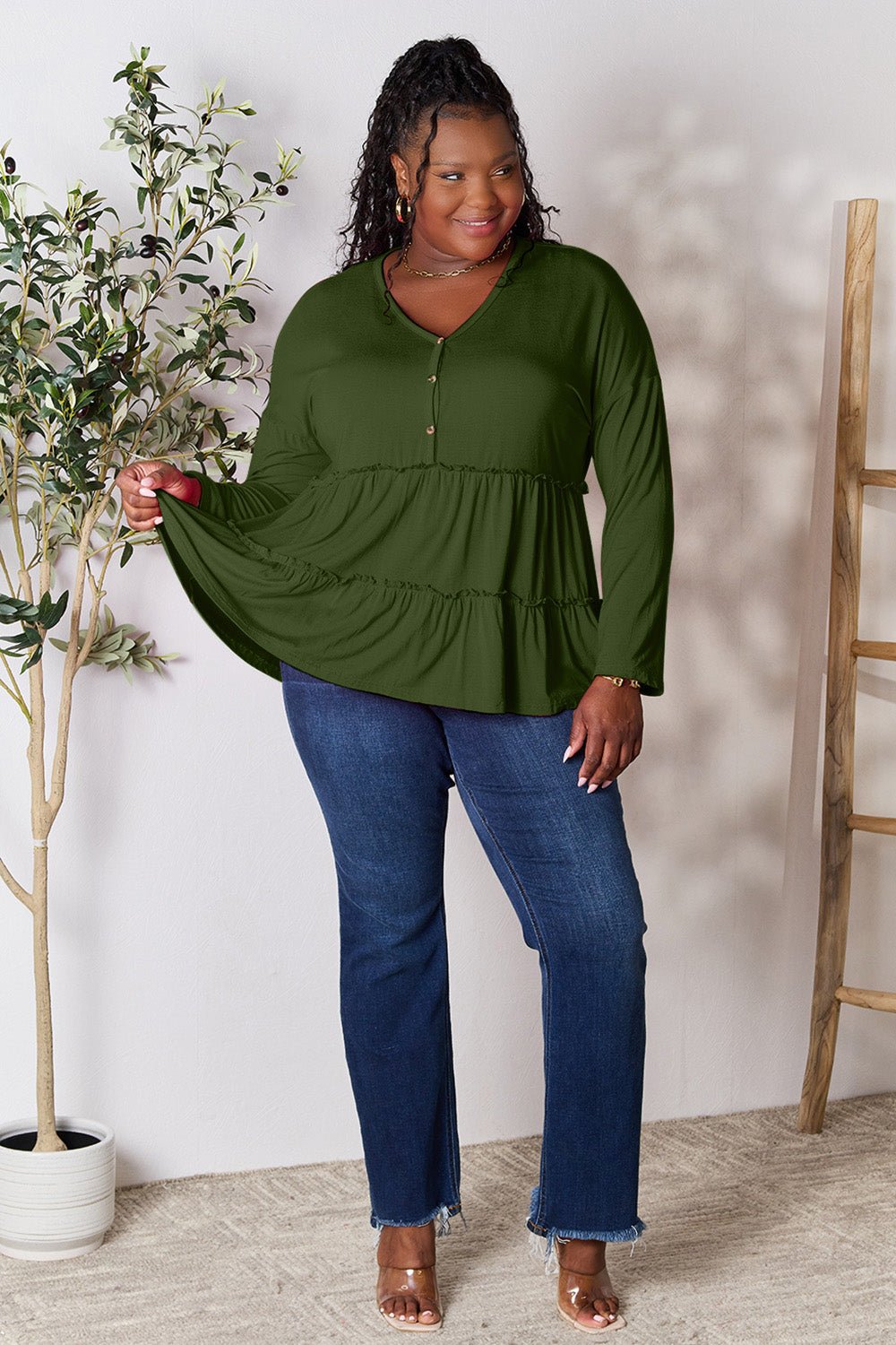 Double Take Half Button Long Sleeve Ruffle Hem Blouse - Bella Blue Styles