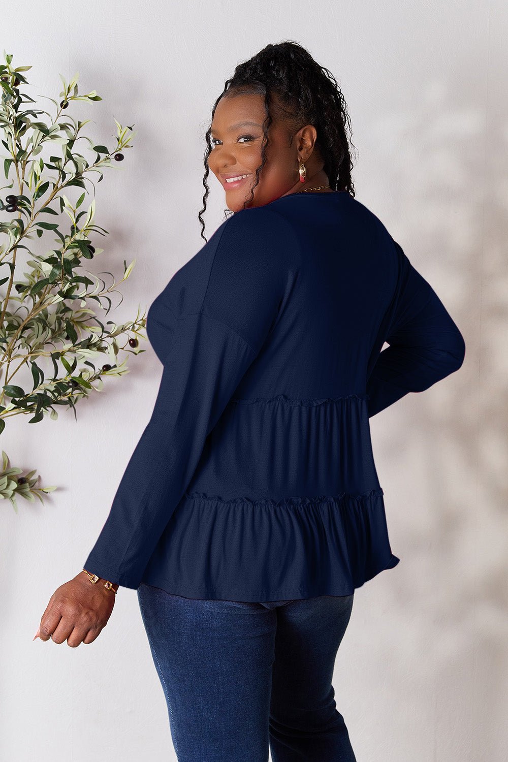 Double Take Half Button Long Sleeve Ruffle Hem Blouse - Bella Blue Styles