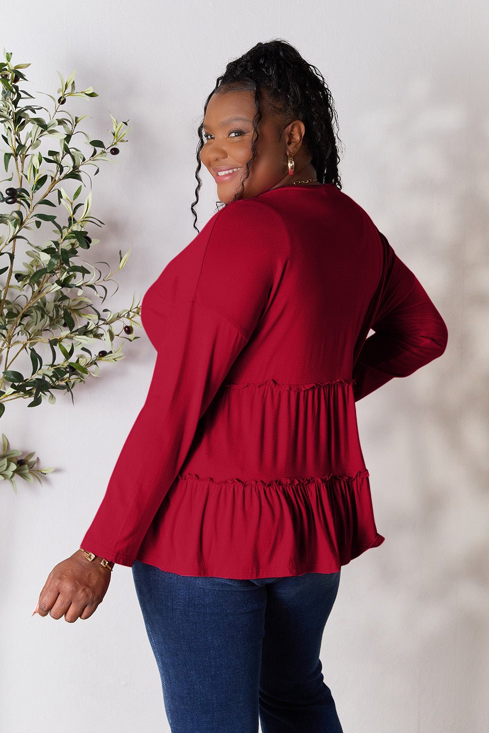 Double Take Half Button Long Sleeve Ruffle Hem Blouse - Bella Blue Styles