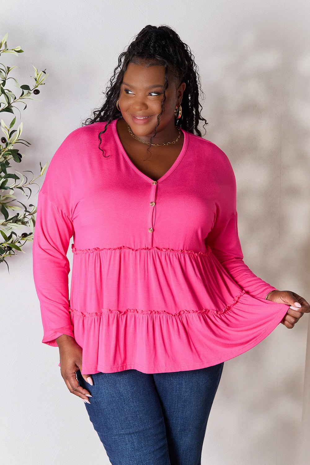 Double Take Half Button Long Sleeve Ruffle Hem Blouse - Bella Blue Styles