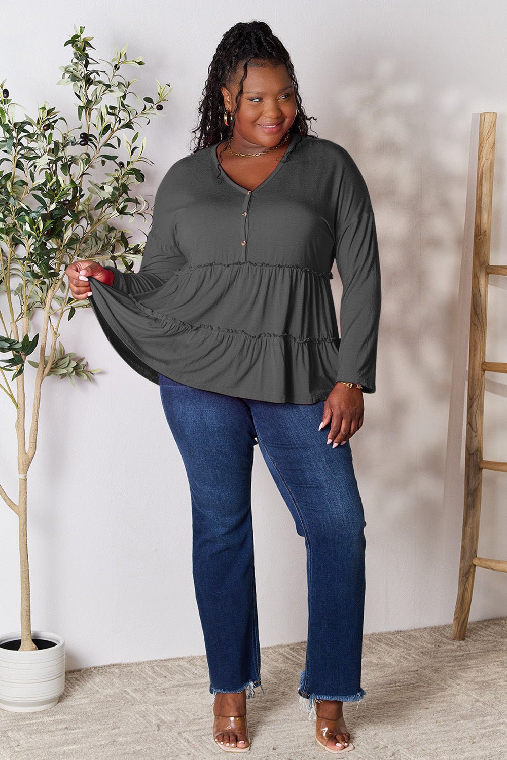 Double Take Half Button Long Sleeve Ruffle Hem Blouse - Bella Blue Styles