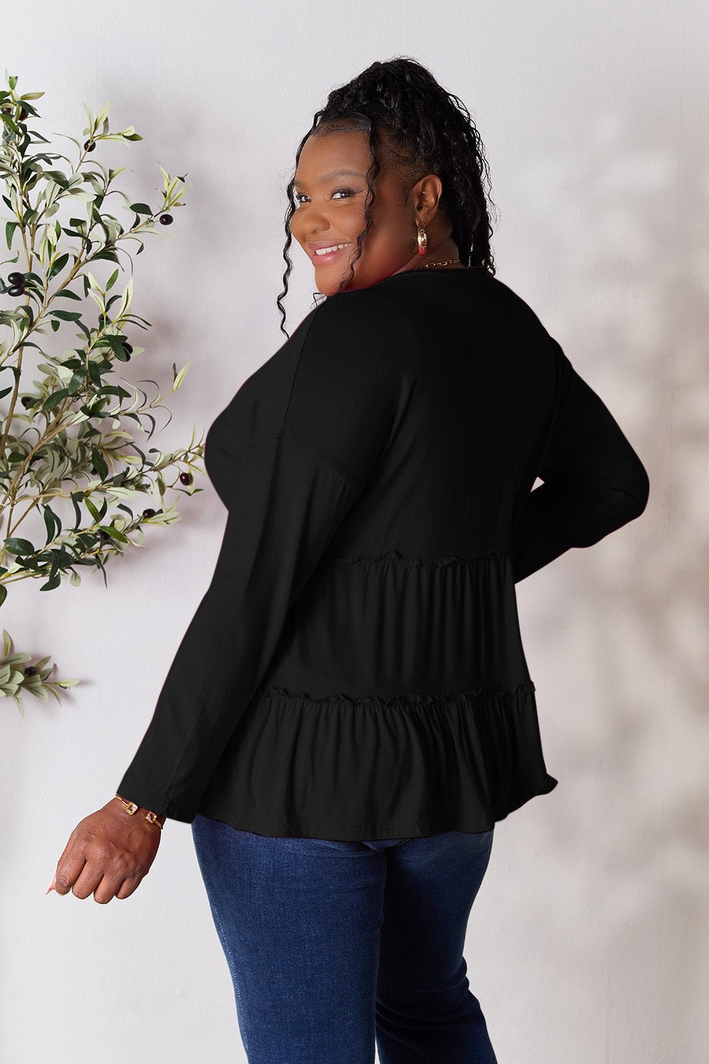 Double Take Half Button Long Sleeve Ruffle Hem Blouse - Bella Blue Styles
