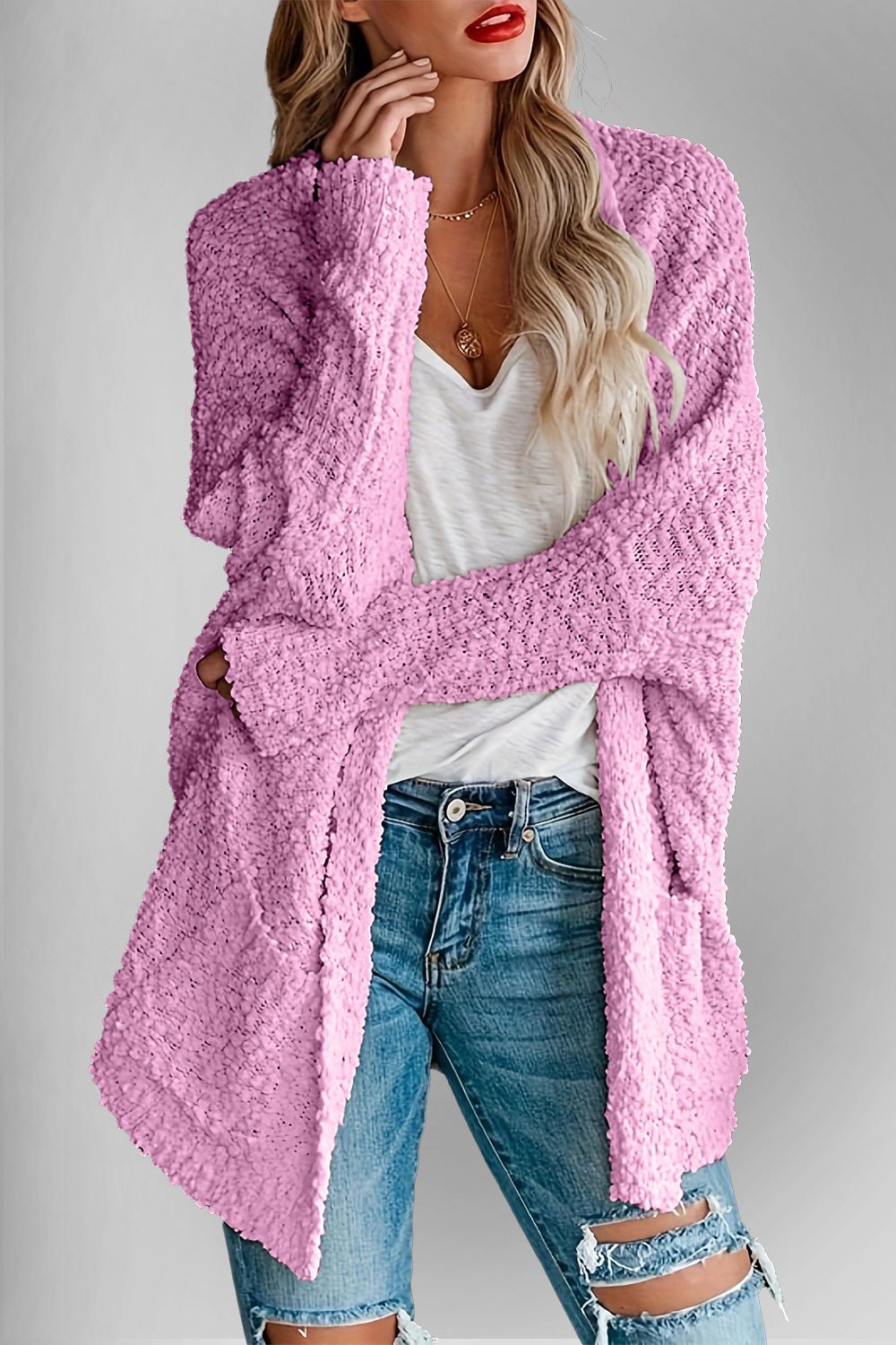 Double Take Pocketed Open Front Long Sleeve Cardigan - Bella Blue Styles