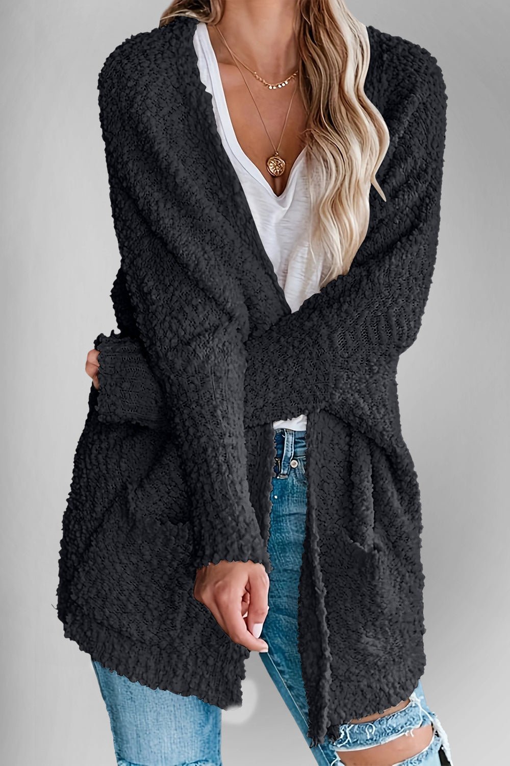 Double Take Pocketed Open Front Long Sleeve Cardigan - Bella Blue Styles