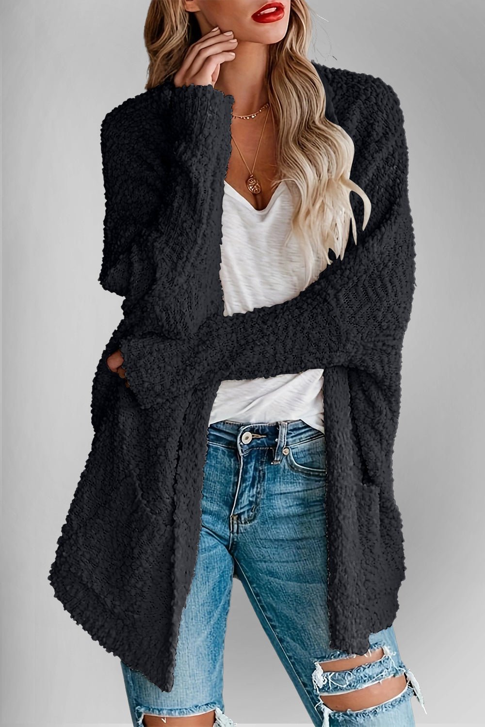 Double Take Pocketed Open Front Long Sleeve Cardigan - Bella Blue Styles
