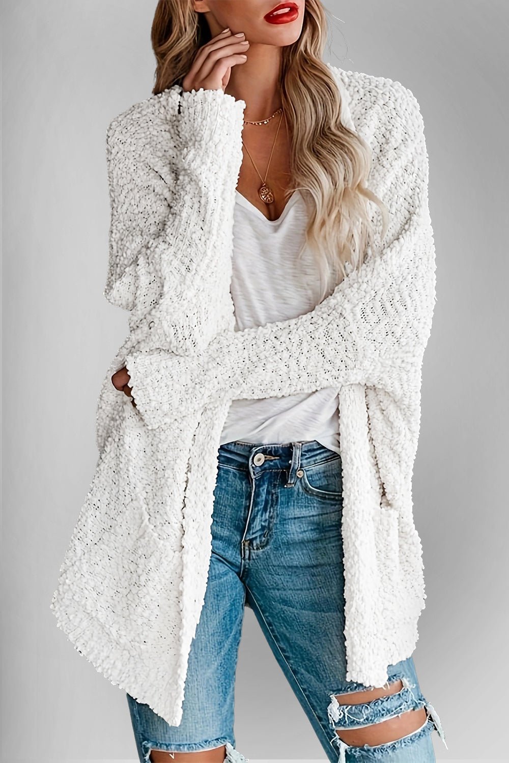 Double Take Pocketed Open Front Long Sleeve Cardigan - Bella Blue Styles