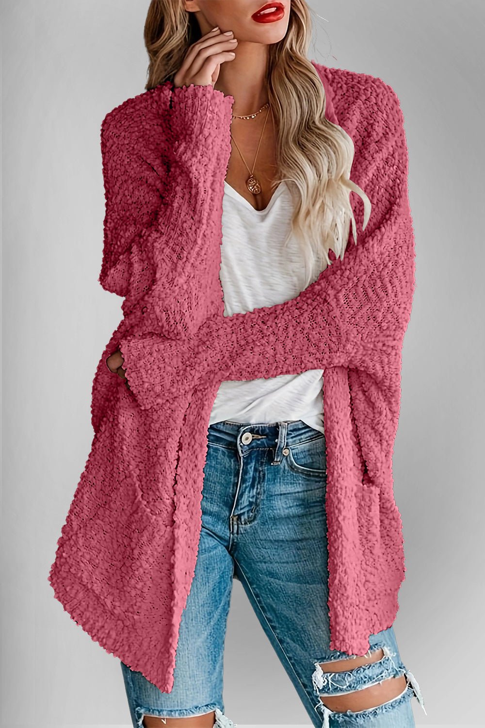 Double Take Pocketed Open Front Long Sleeve Cardigan - Bella Blue Styles