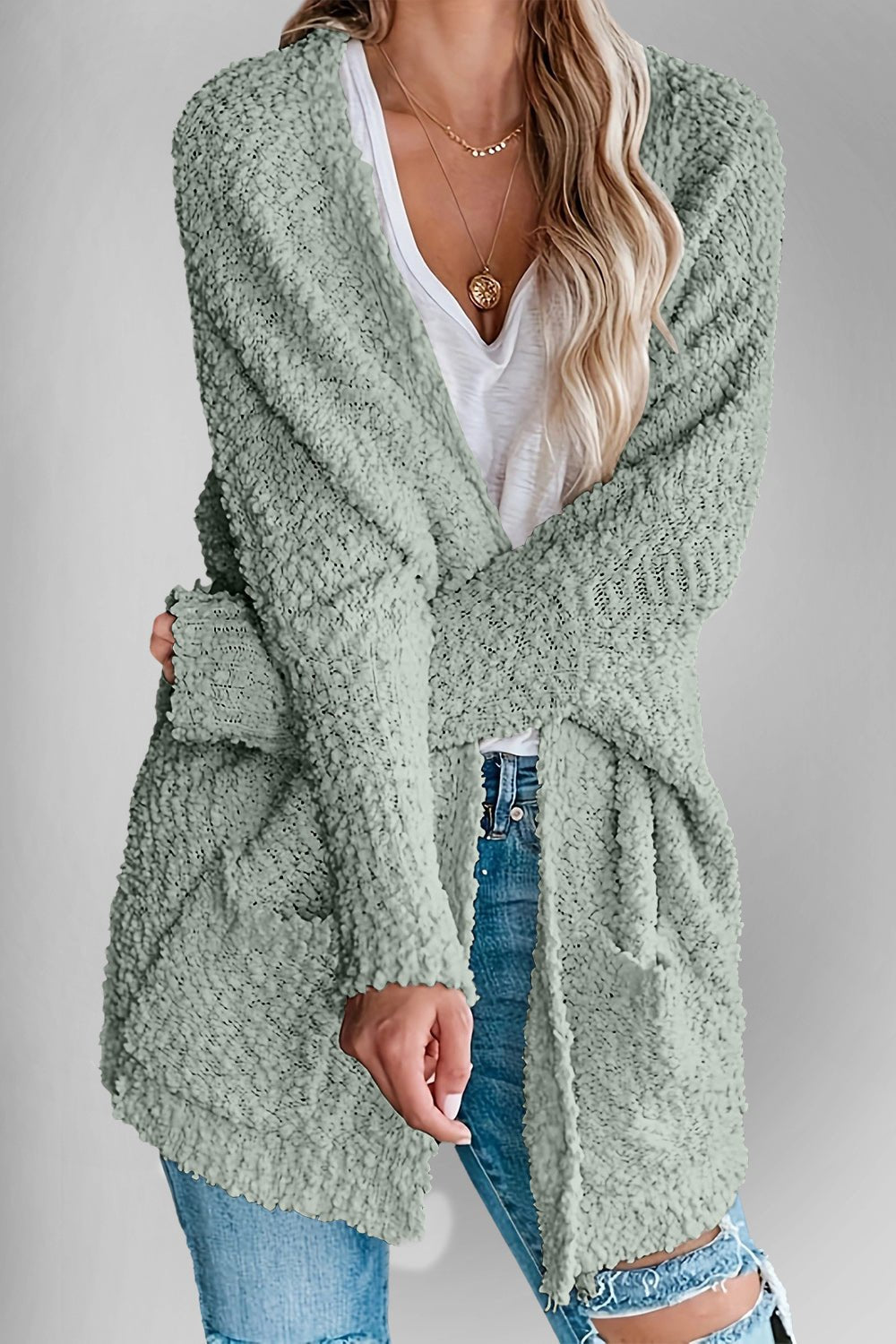 Double Take Pocketed Open Front Long Sleeve Cardigan - Bella Blue Styles