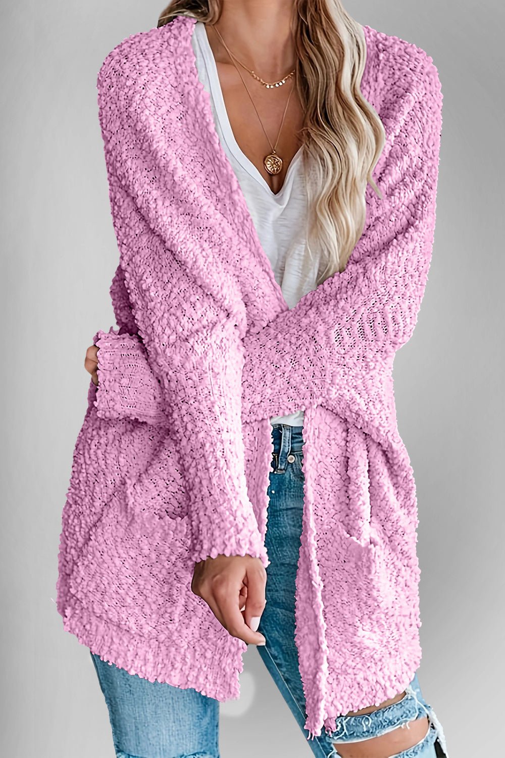 Double Take Pocketed Open Front Long Sleeve Cardigan - Bella Blue Styles
