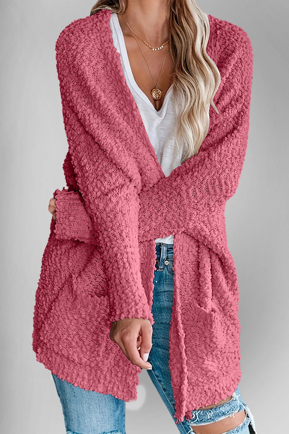 Double Take Pocketed Open Front Long Sleeve Cardigan - Bella Blue Styles