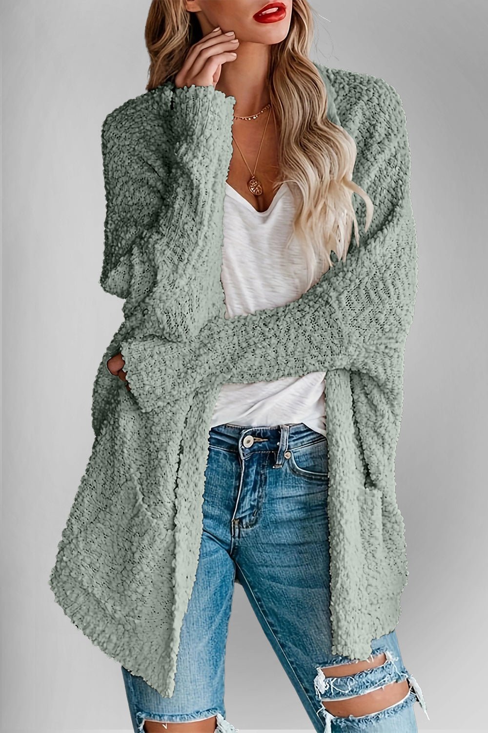 Double Take Pocketed Open Front Long Sleeve Cardigan - Bella Blue Styles