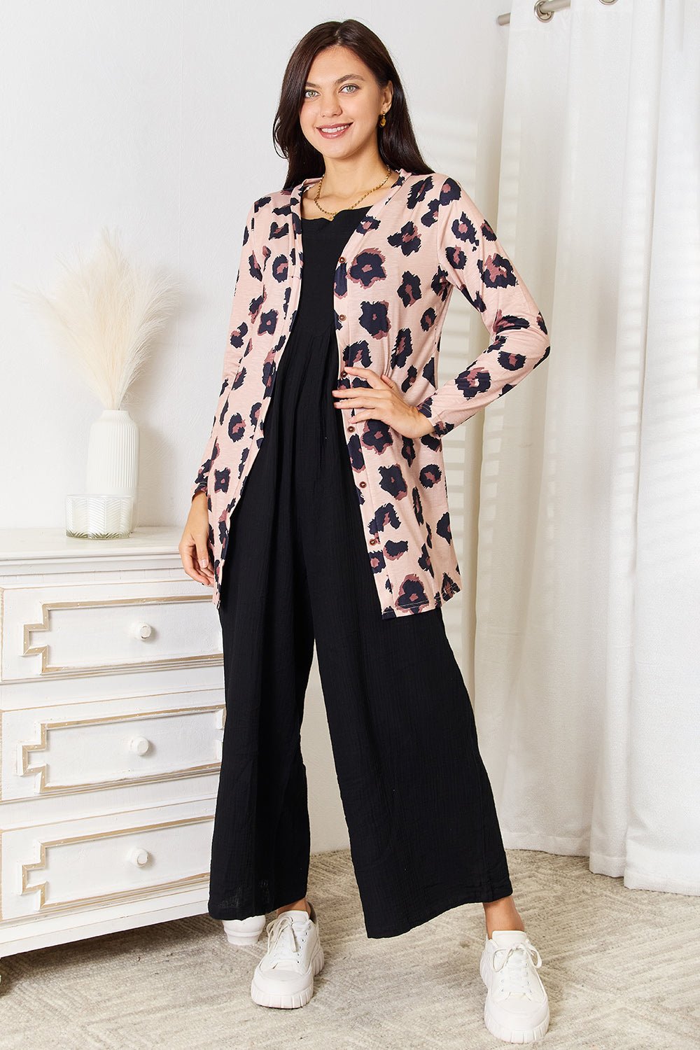Double Take Printed Button Front Longline Cardigan - Bella Blue Styles