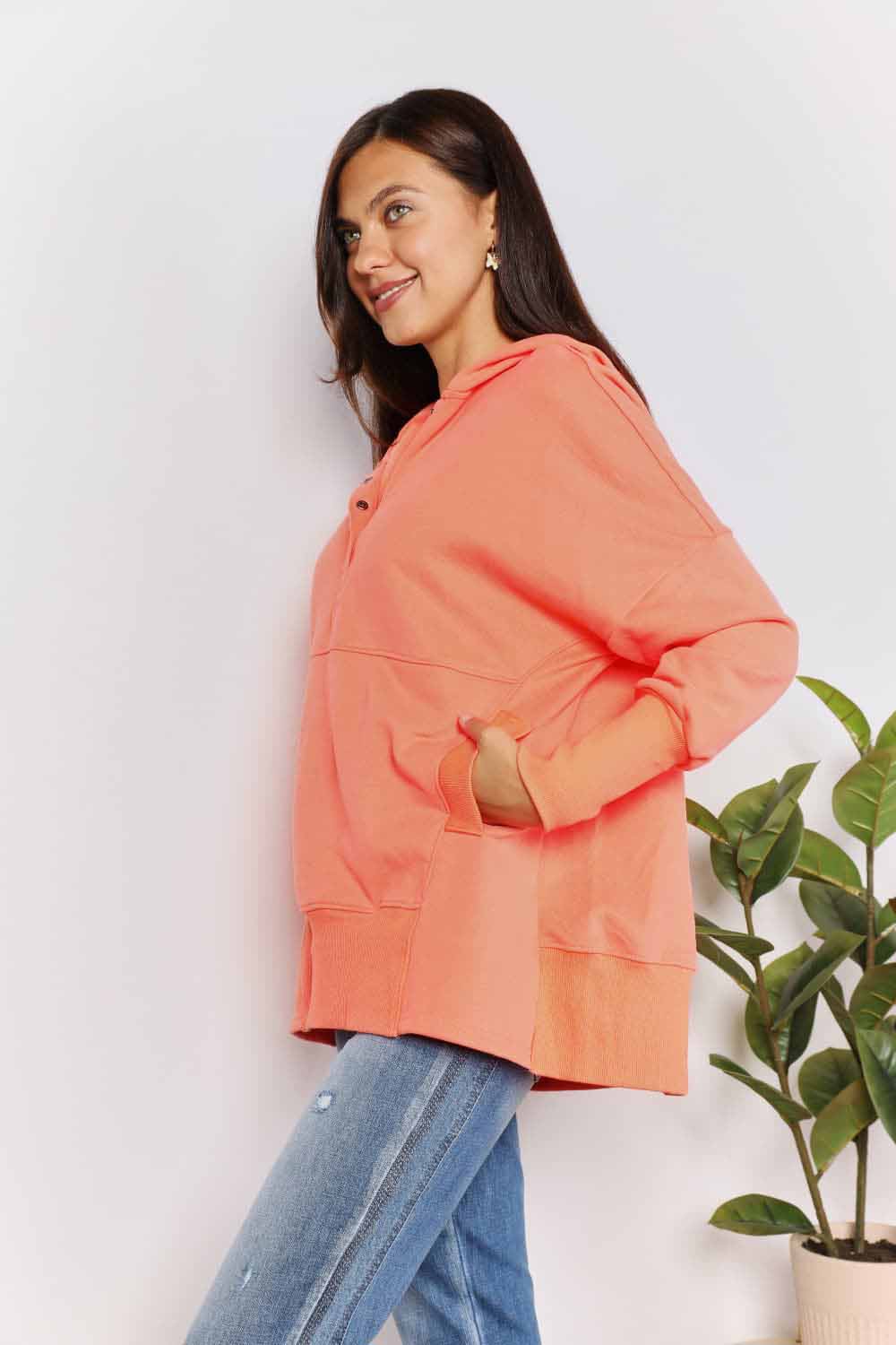Double Take Quarter - Snap Dropped Shoulder Hoodie - Bella Blue Styles