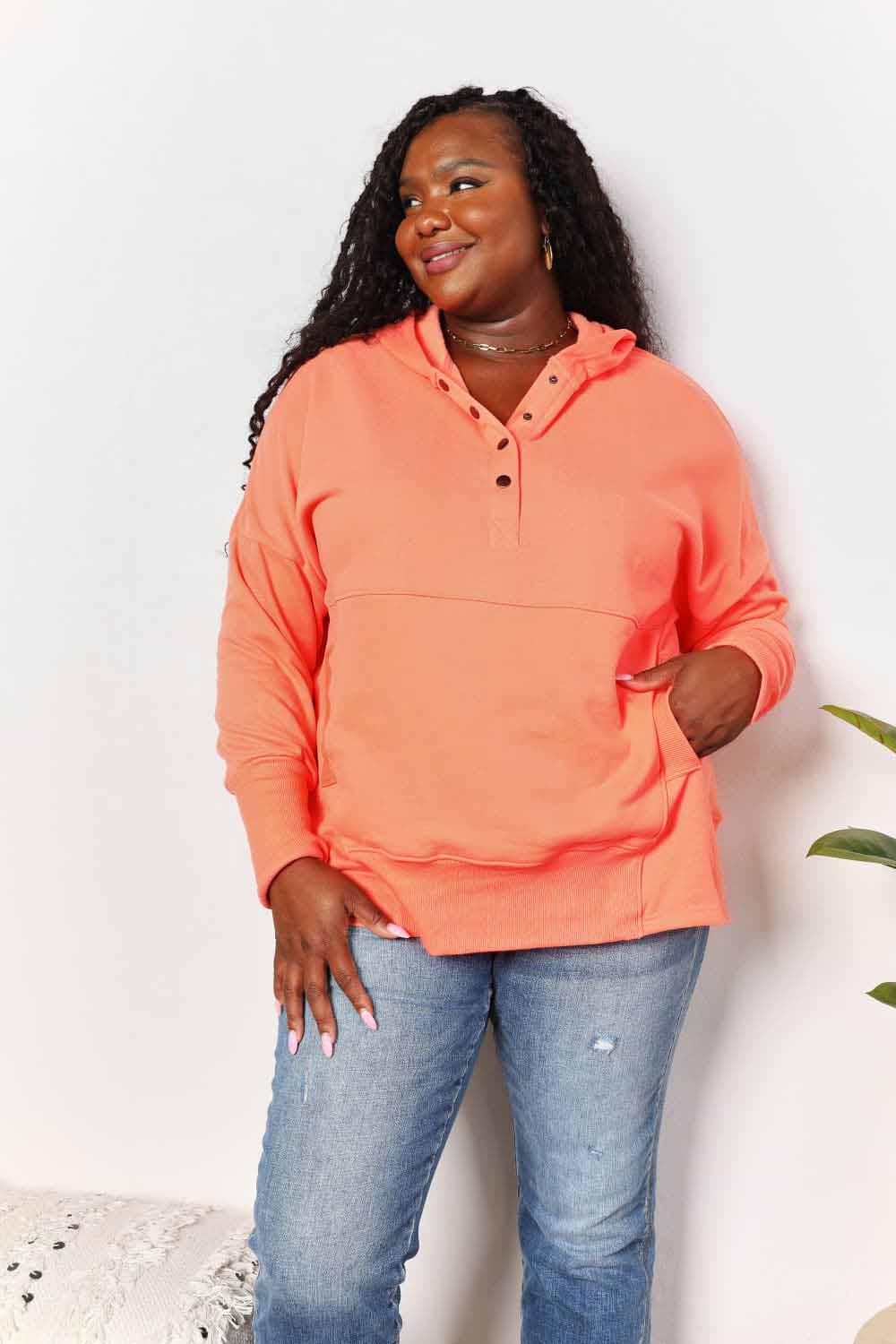 Double Take Quarter - Snap Dropped Shoulder Hoodie - Bella Blue Styles