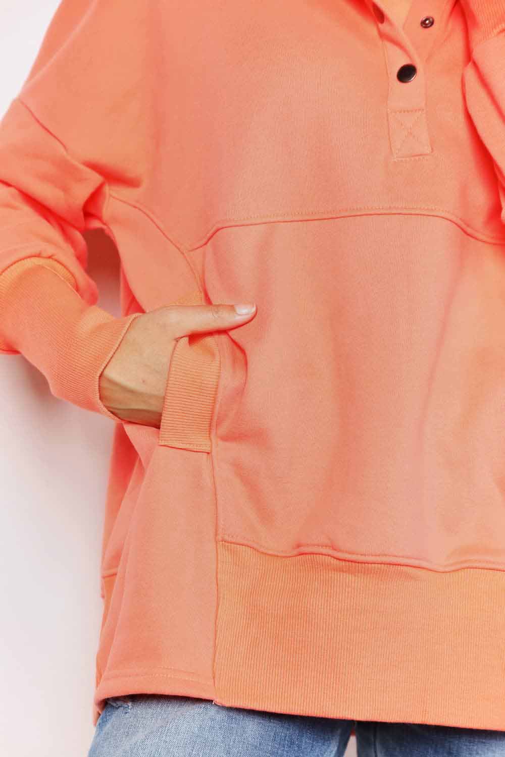 Double Take Quarter - Snap Dropped Shoulder Hoodie - Bella Blue Styles