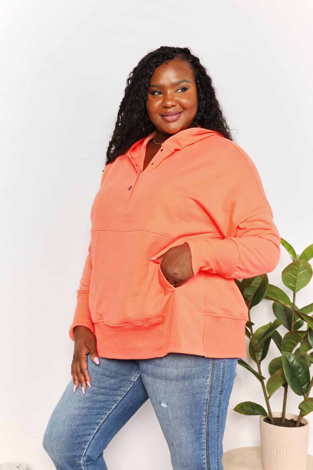 Double Take Quarter - Snap Dropped Shoulder Hoodie - Bella Blue Styles