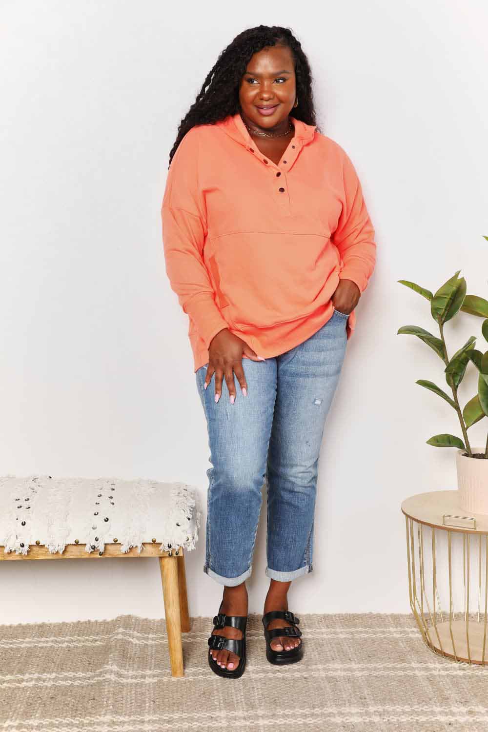 Double Take Quarter - Snap Dropped Shoulder Hoodie - Bella Blue Styles