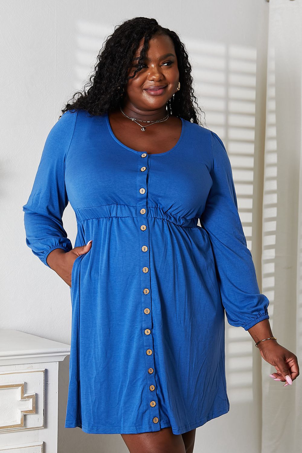 Double Take Scoop Neck Empire Waist Long Sleeve Magic Dress - Bella Blue Styles