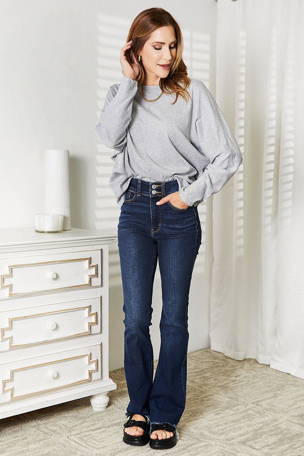 Double Take Seam Detail Round Neck Long Sleeve Top - Bella Blue Styles