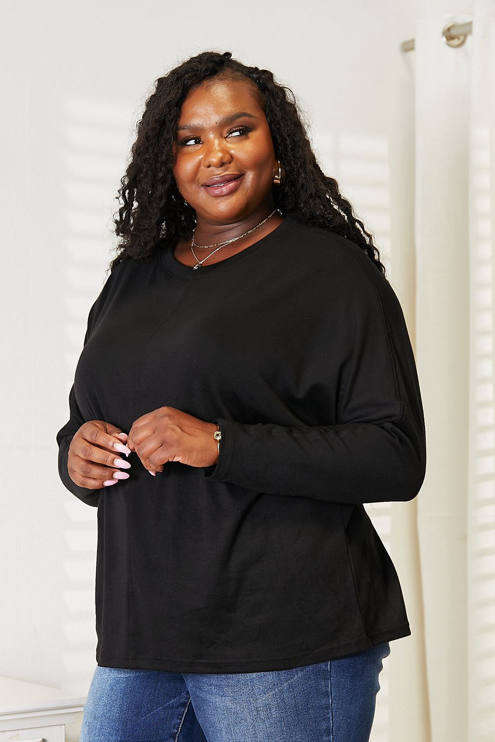 Double Take Seam Detail Round Neck Long Sleeve Top - Bella Blue Styles