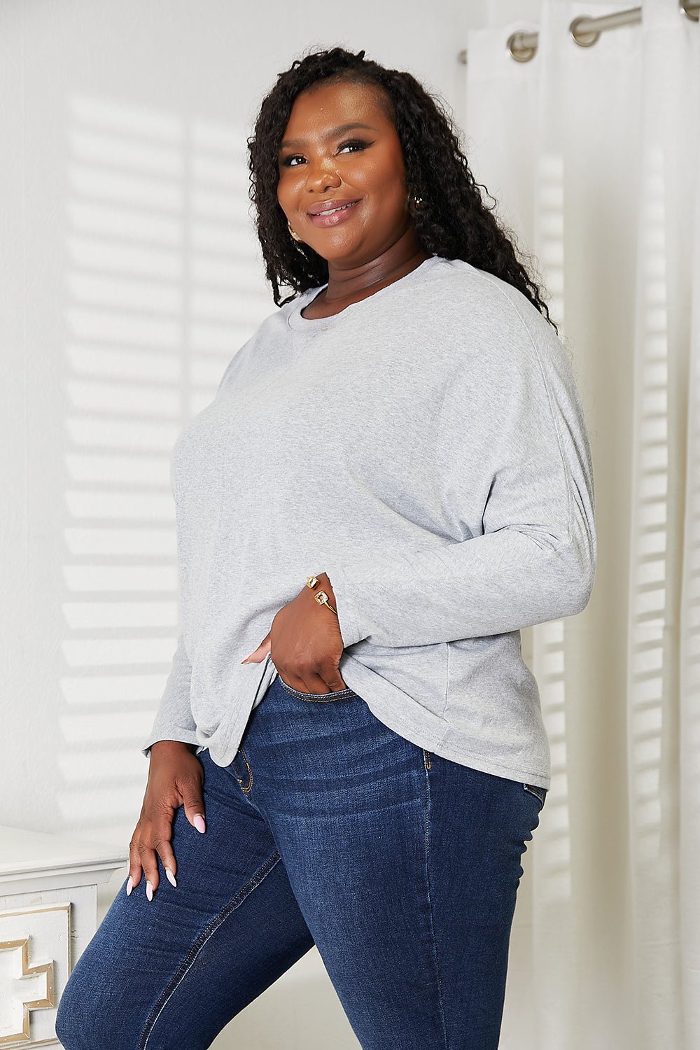 Double Take Seam Detail Round Neck Long Sleeve Top - Bella Blue Styles