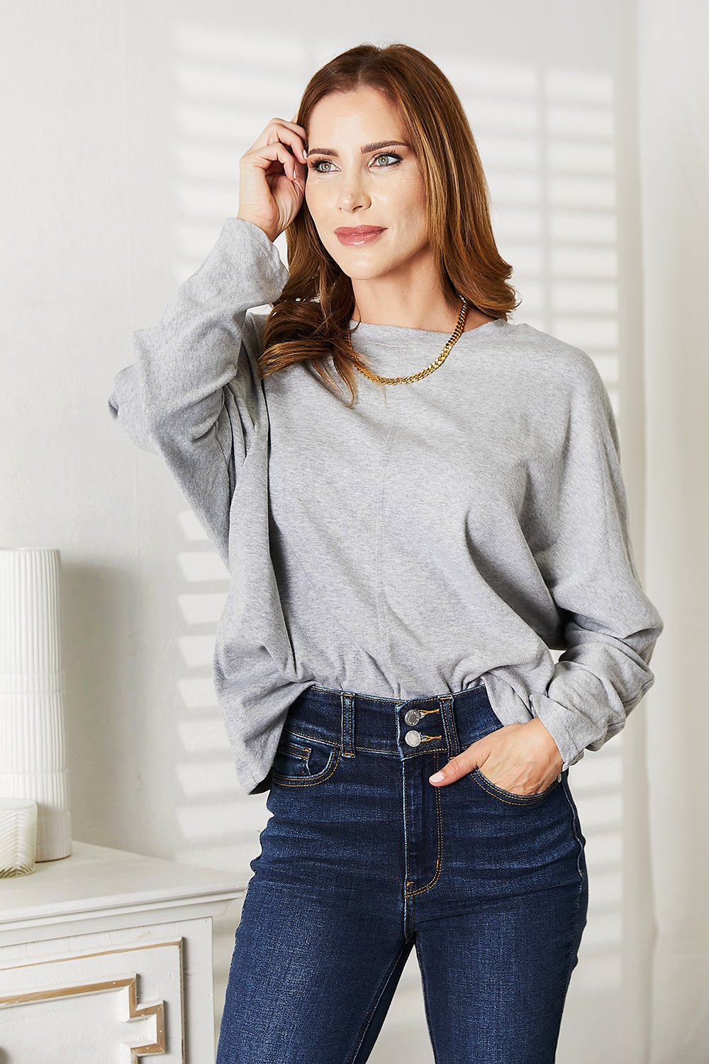 Double Take Seam Detail Round Neck Long Sleeve Top - Bella Blue Styles