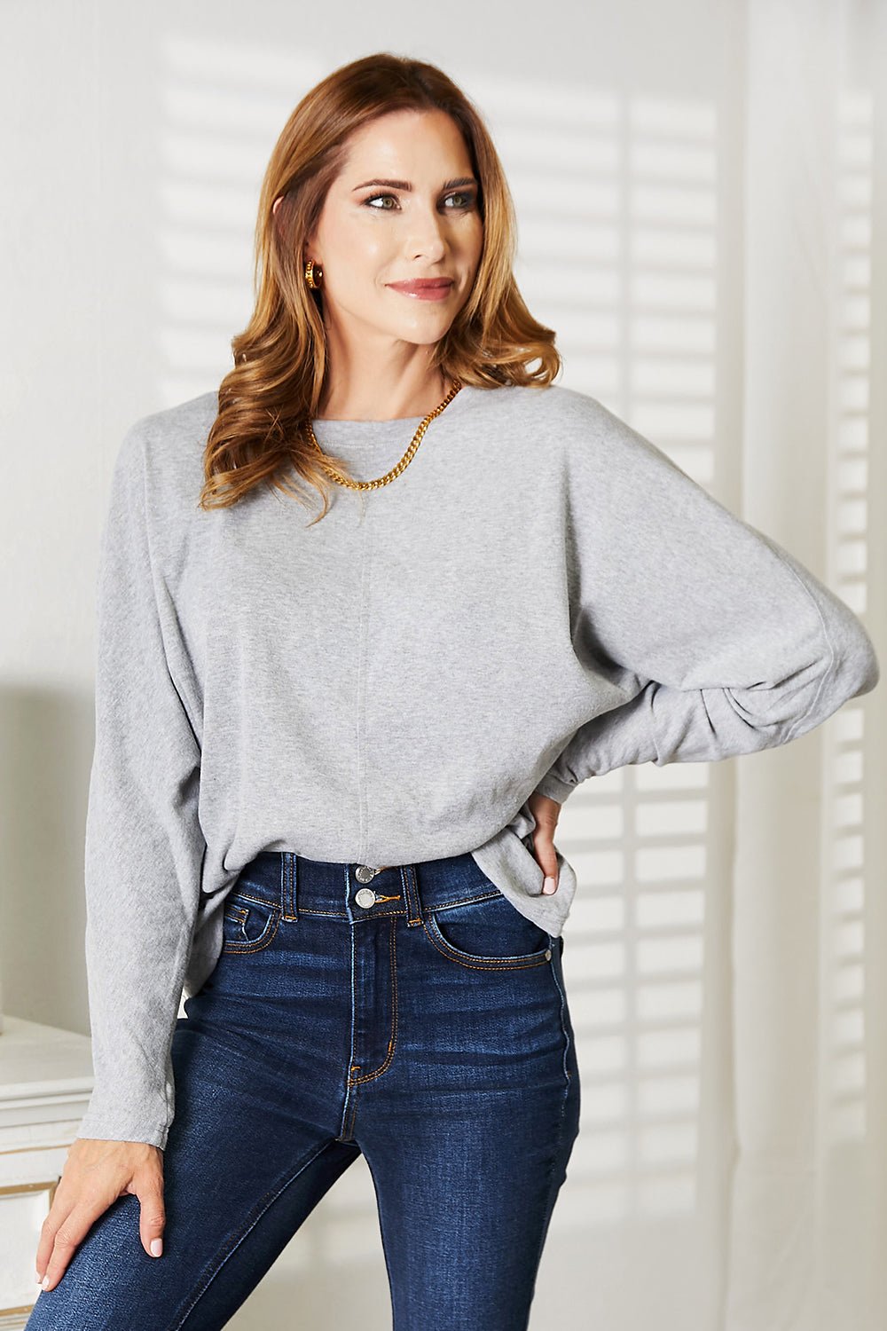 Double Take Seam Detail Round Neck Long Sleeve Top - Bella Blue Styles