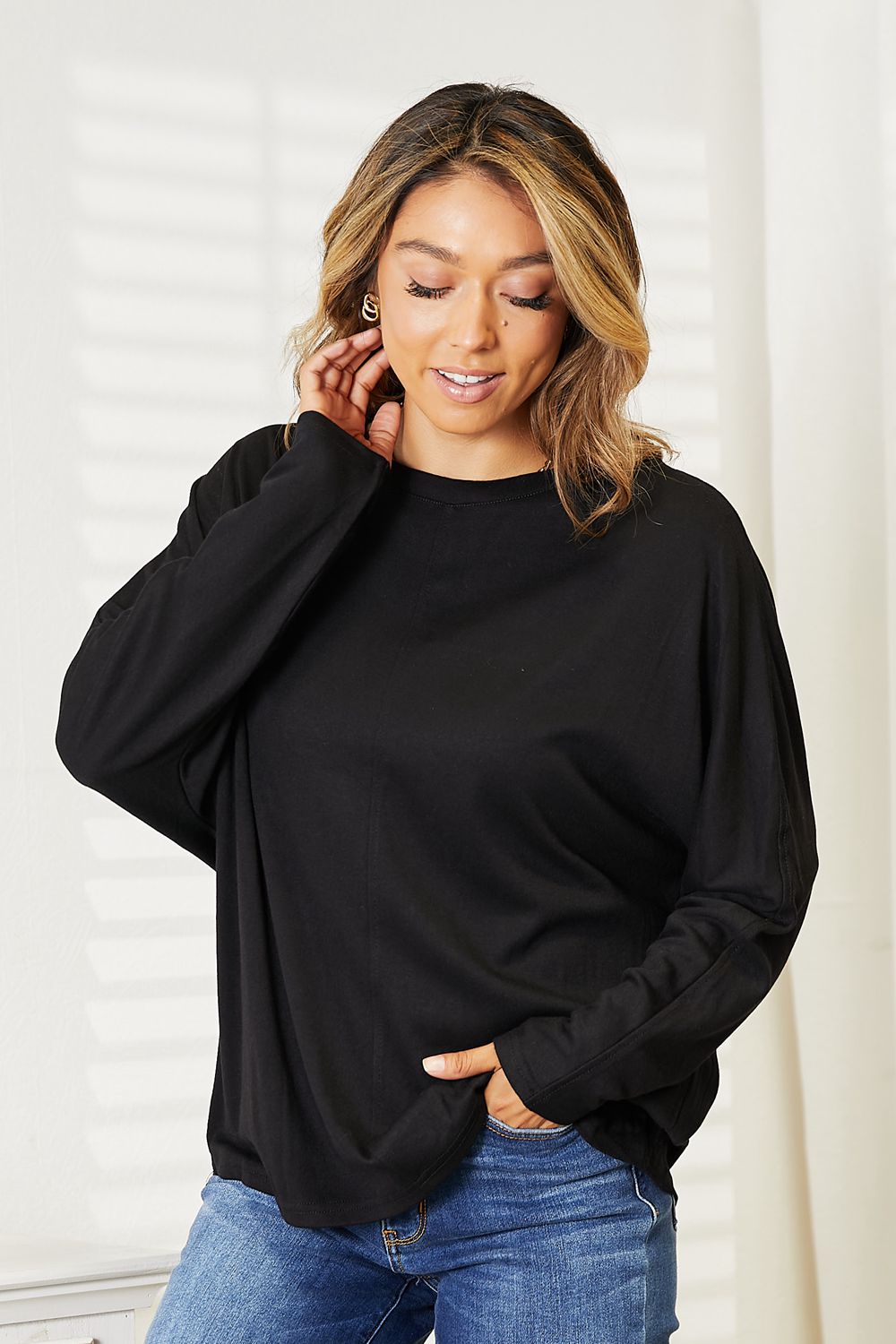 Double Take Seam Detail Round Neck Long Sleeve Top - Bella Blue Styles