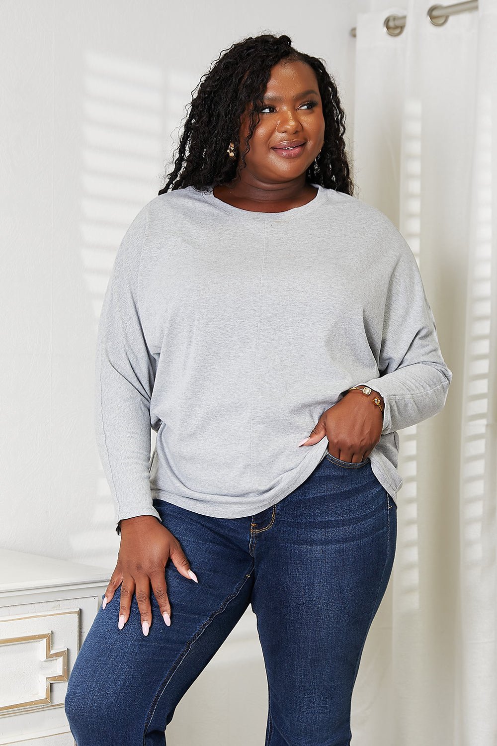 Double Take Seam Detail Round Neck Long Sleeve Top - Bella Blue Styles