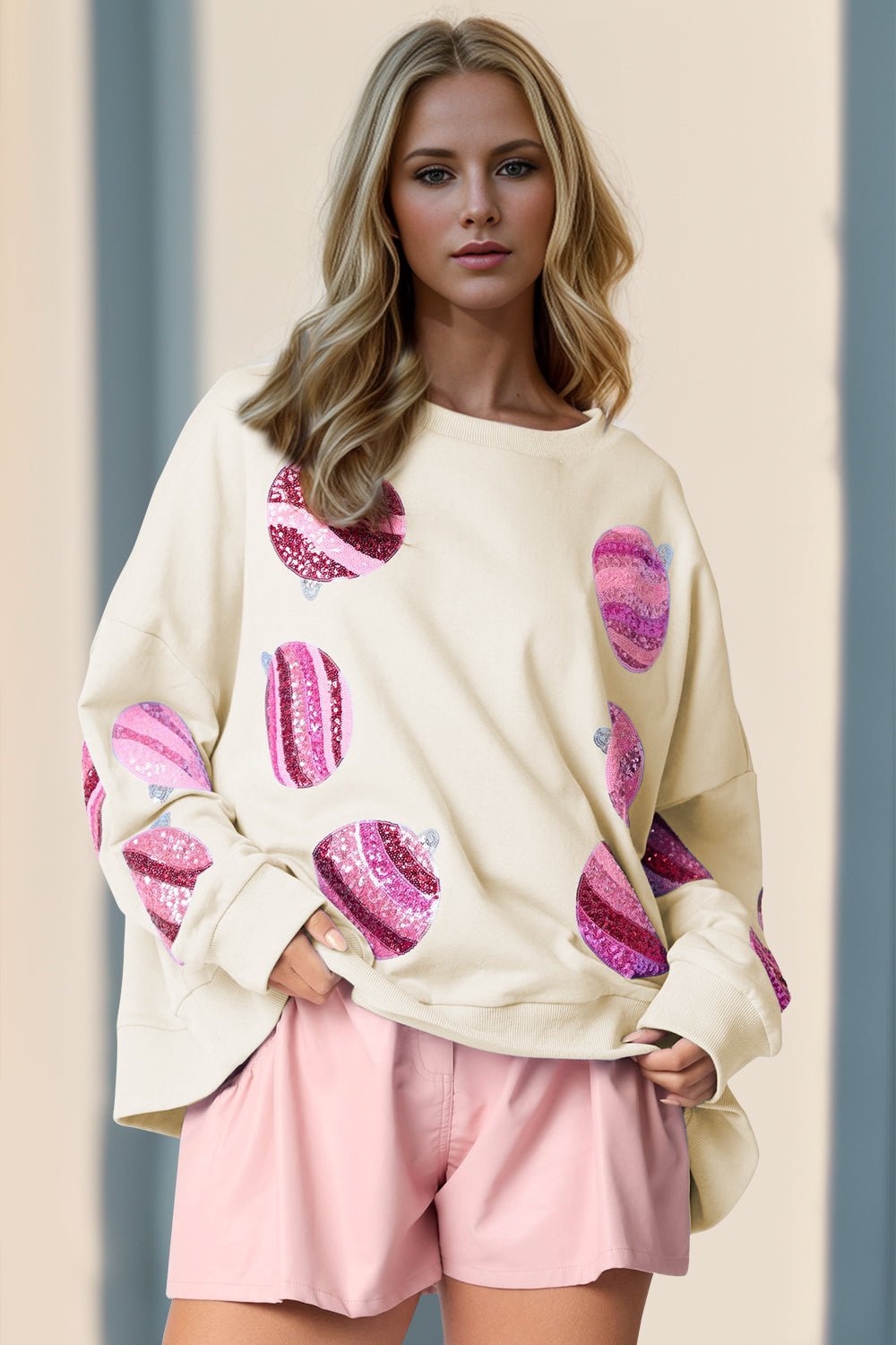 Double Take Sequin Round Neck Long Sleeve Sweatshirt - Bella Blue Styles