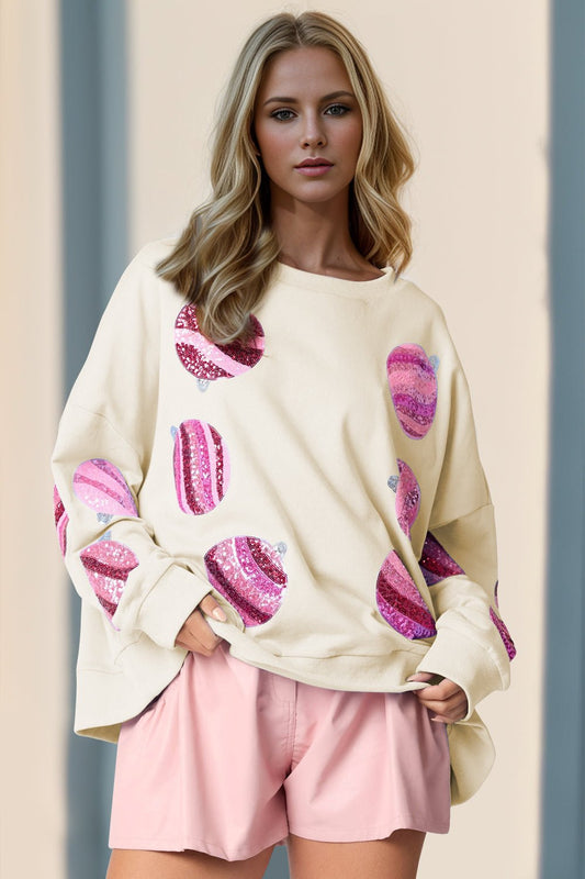 Double Take Sequin Round Neck Long Sleeve Sweatshirt - Bella Blue Styles