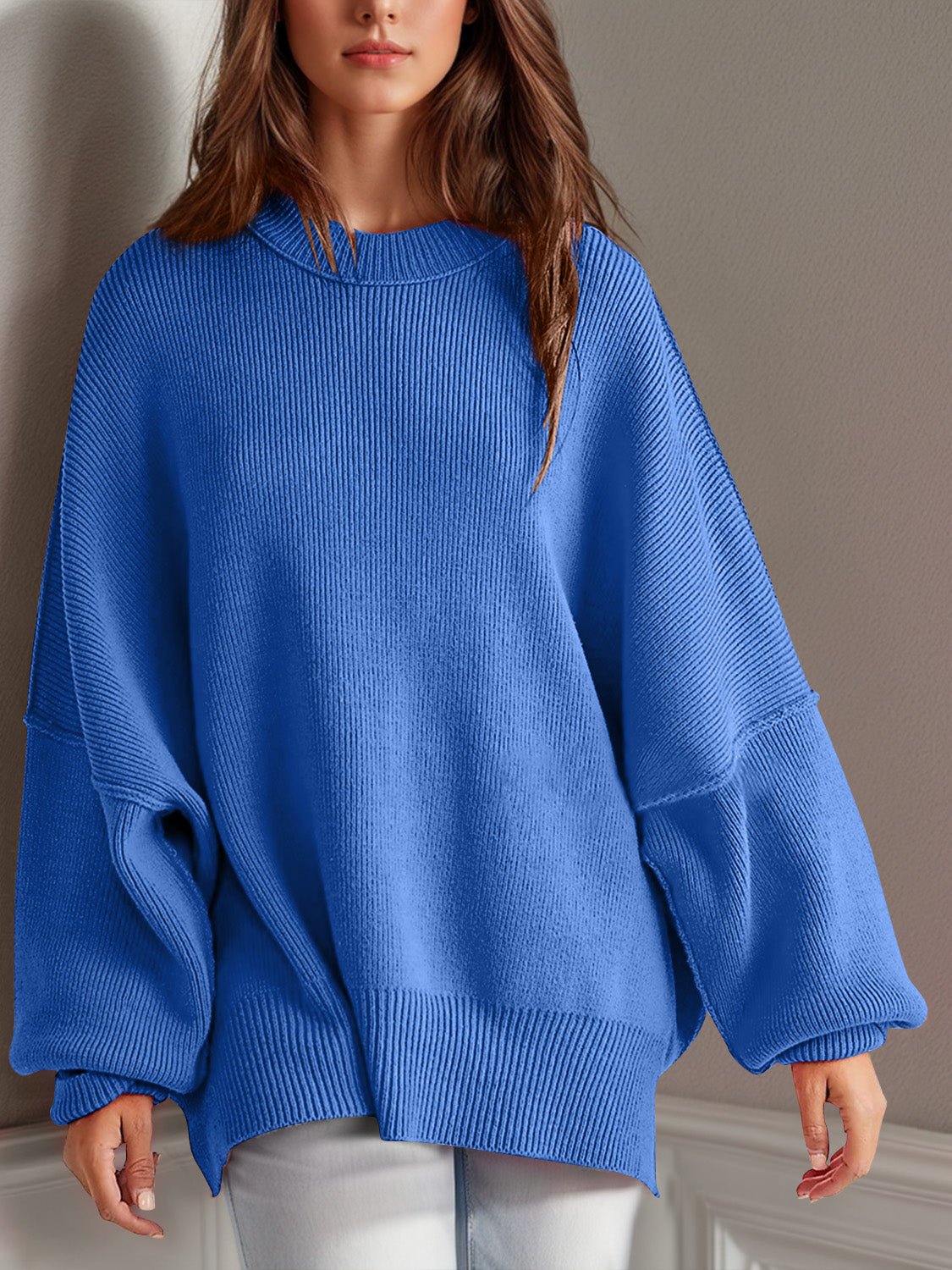 Double Take Side Slit Round Neck Long Sleeve Sweater - Bella Blue Styles