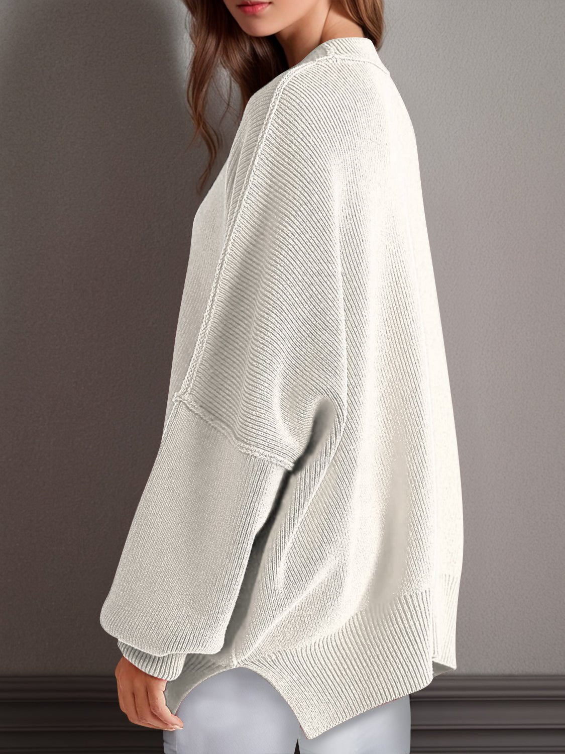 Double Take Side Slit Round Neck Long Sleeve Sweater - Bella Blue Styles