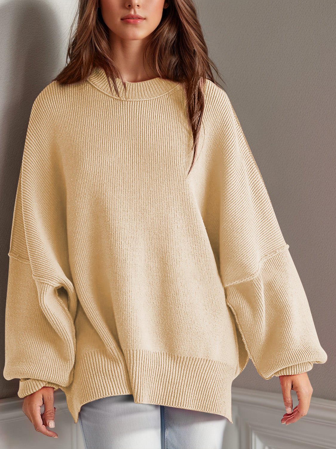 Double Take Side Slit Round Neck Long Sleeve Sweater - Bella Blue Styles