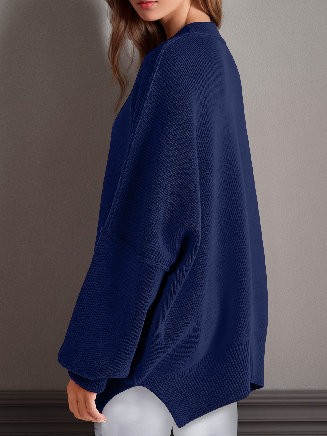 Double Take Side Slit Round Neck Long Sleeve Sweater - Bella Blue Styles