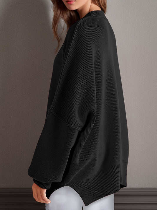 Double Take Side Slit Round Neck Long Sleeve Sweater - Bella Blue Styles