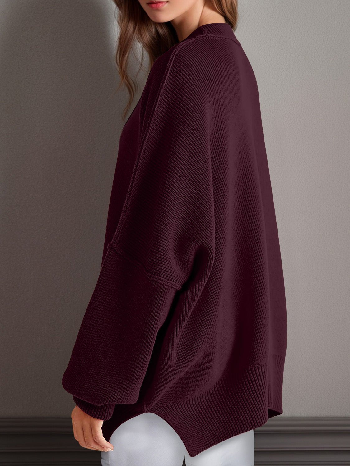 Double Take Side Slit Round Neck Long Sleeve Sweater - Bella Blue Styles