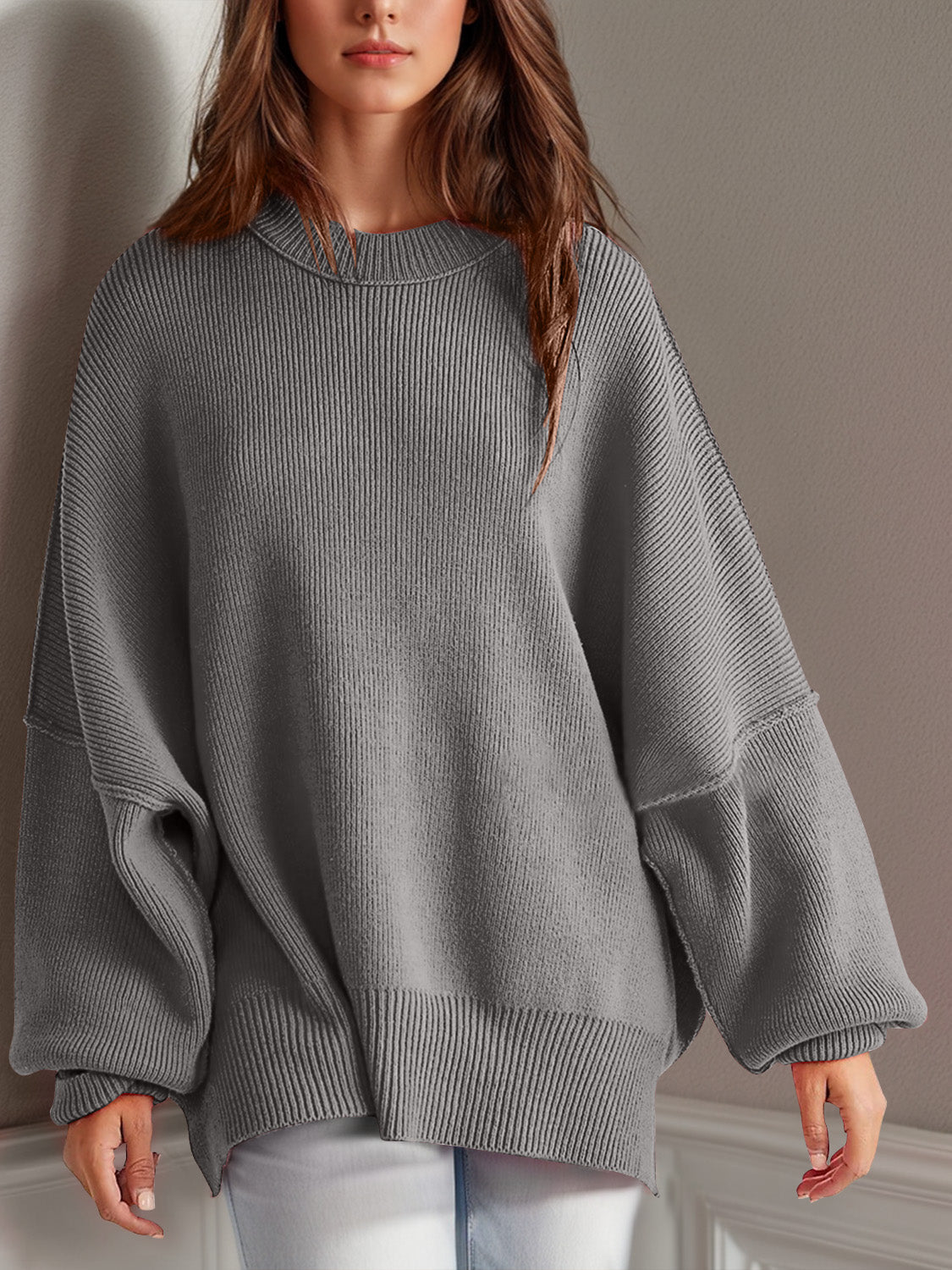 Double Take Side Slit Round Neck Long Sleeve Sweater - Bella Blue Styles