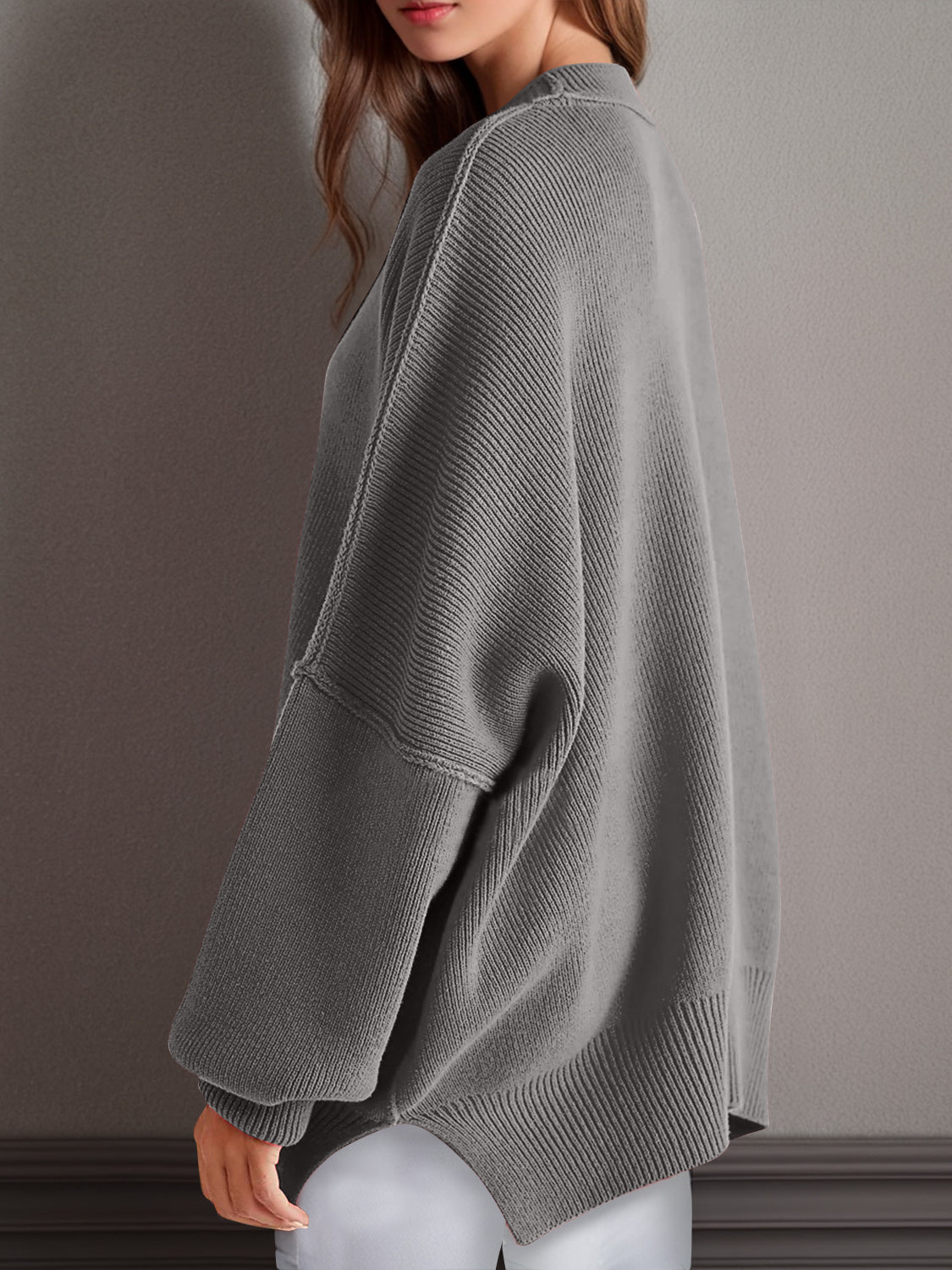 Double Take Side Slit Round Neck Long Sleeve Sweater - Bella Blue Styles