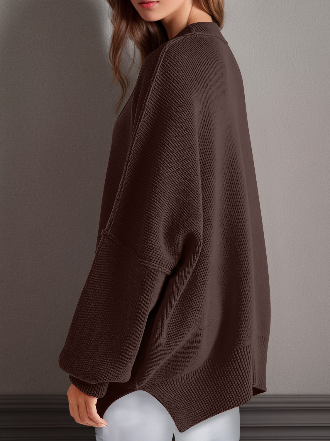 Double Take Side Slit Round Neck Long Sleeve Sweater - Bella Blue Styles